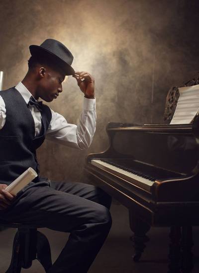 Black grand piano player, jazz musician